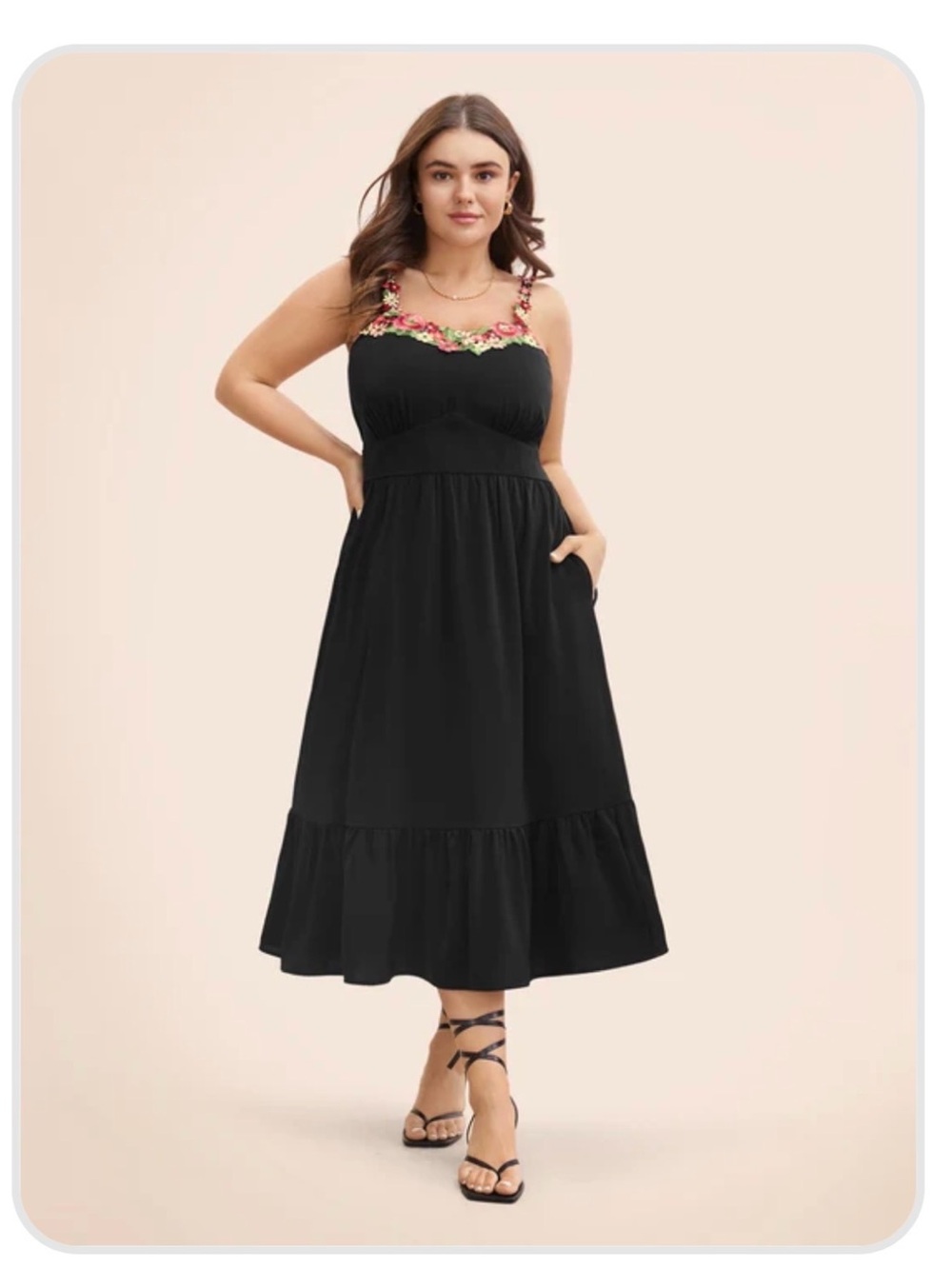 BloomChic Black Midi Dress with Floral Trim